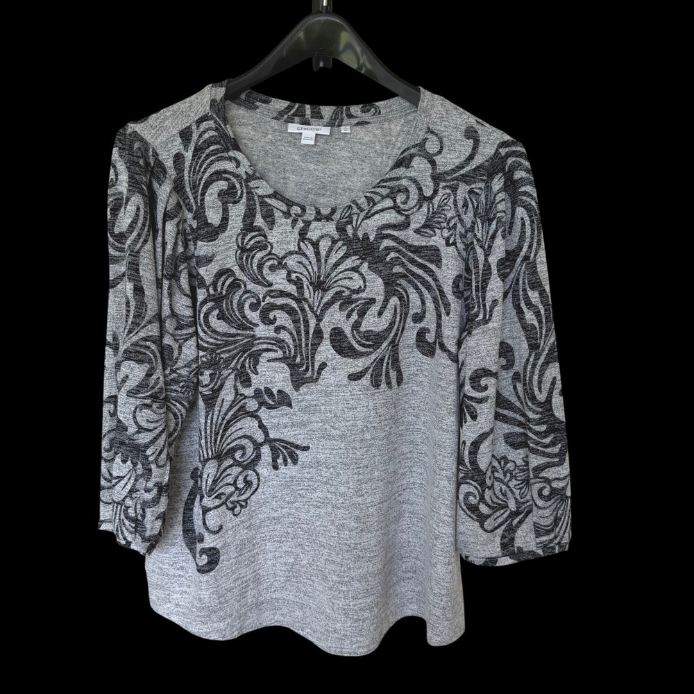 Y2K Chico's Grey Black Damask‎ Scroll Print 3/4 Sleeve Knit Top XL Size 3